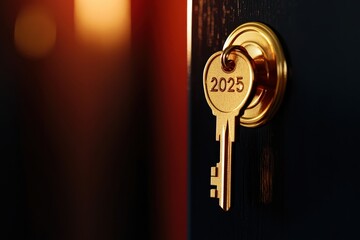 Close-up of key with 2025 tag in a lock, ideal for themes of opportunity and new beginnings.