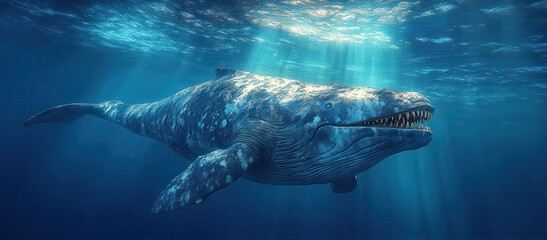 Majestic prehistoric whale with large teeth swimming in the ocean