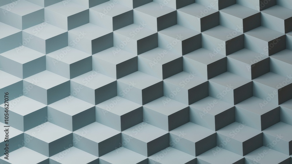 Poster abstract geometric pattern with 3d cubes, soft blue tones, creating a modern aesthetic.