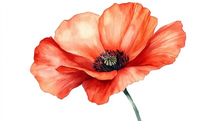A single red poppy flower with a black center, painted in watercolor, isolated on a white background.
