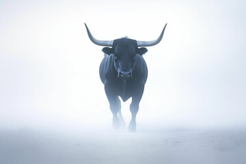 Black bull emerging from the mist.