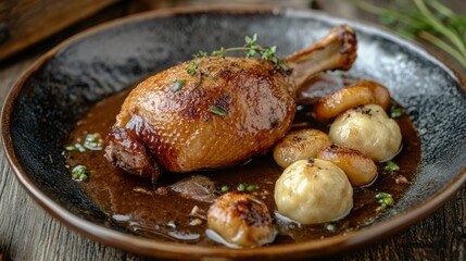 Delicious roasted chicken with savory sauce and garnish