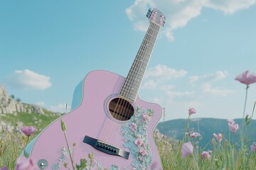Pink guitar in a flower meadow