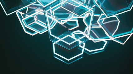 Abstract glowing geometric shapes with neon illumination on a dark background.