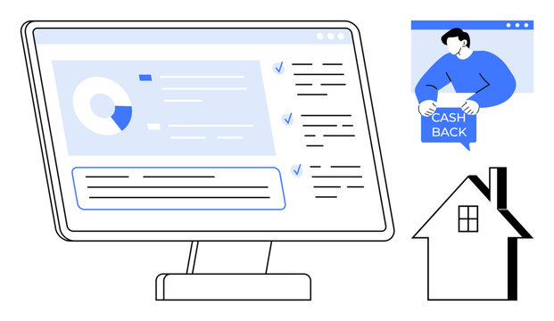 Monitor with financial dashboard displaying charts and lists, individual holding a cashback sign, and house icon. Ideal for financial management, online transactions, real estate, cashback offers