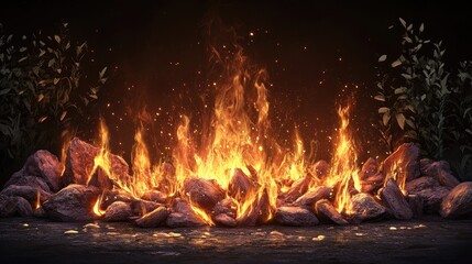 Fiery Flames Erupting from a Pile of Rocks