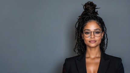 Young woman with glasses and dreadlocks in black blazer.