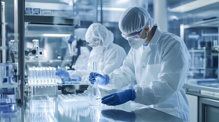 Fototapeta premium Laboratory assistants in unifrom working with professional medical analizer at the laboratory.