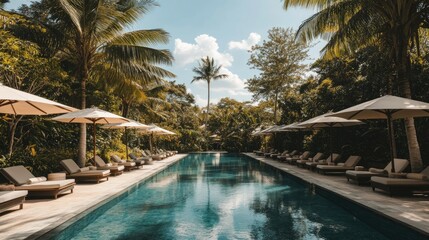 Fototapeta premium Serene Tropical Pool Oasis with Sun Loungers