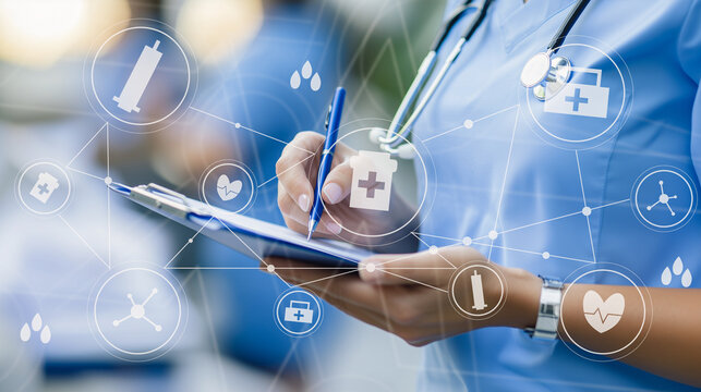 Digital Health Management Concept: A healthcare professional uses a clipboard enhanced with digital health icons, symbolizing the integration of technology in patient care and medical record managemen