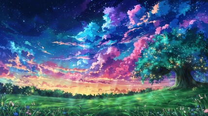 Anime-Style Dreamy Landscape with Vibrant Starlit Sky and Glowing Ancient Tree in Lush Greenery