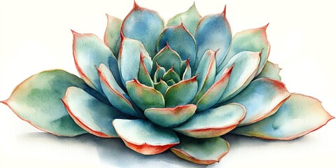 Watercolor painting of a succulent with green and blue leaves, red edges.