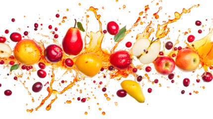 A dynamic explosion of fall fruits like apples, pears, and cranberries, with vibrant juice splashes. Isolated on white background