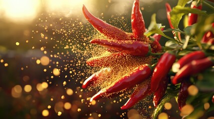 Vibrant Red Chili Peppers with Spice Dust in Sunset Light