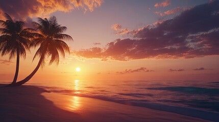 Tranquil Sunset Over Calm Ocean with Palm Trees