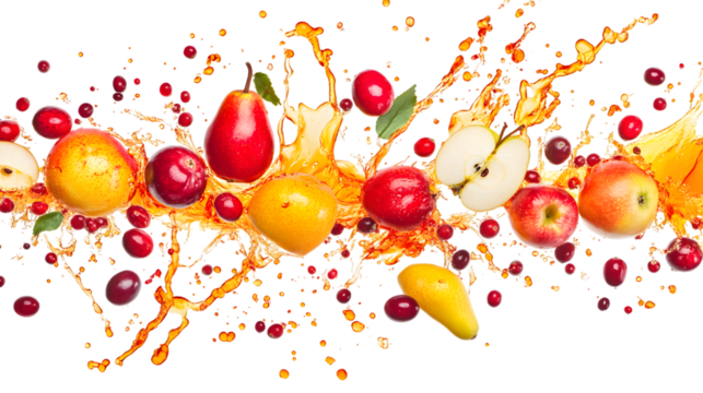 A dynamic explosion of fall fruits like apples, pears, and cranberries, with vibrant juice splashes. Isolated on white background