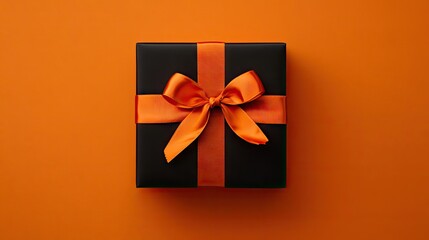 Elegant Black Gift Box with Orange Ribbon on Orange Background