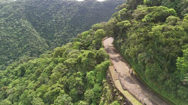 Drone view of the Caminho do Mar Highway - also known as Estrada Velha de Santos - deactivated and transformed into a promenade for ecotourism tours - Historical Route of the Caminhos do Mar Park