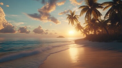 Serene Sunset Over Tropical Beach with Palm Trees