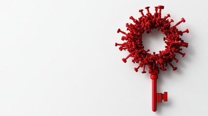 Red key shaped like a virus, isolated on a white background.