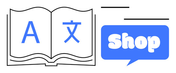 Open book with language symbols next to blue speech bubble with the word Shop Ideal for language learning, bookstores, online shopping, education, and international communication Simple and clean