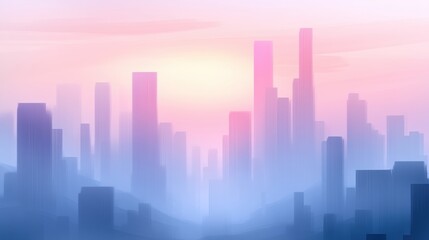 Fototapeta premium Futuristic cityscape with skyscrapers enveloped in a soft pink and blue mist, AI