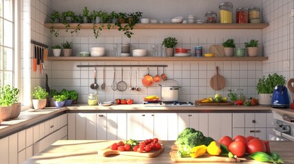 Bright and Fresh Kitchen with Vegetables and Herbs
