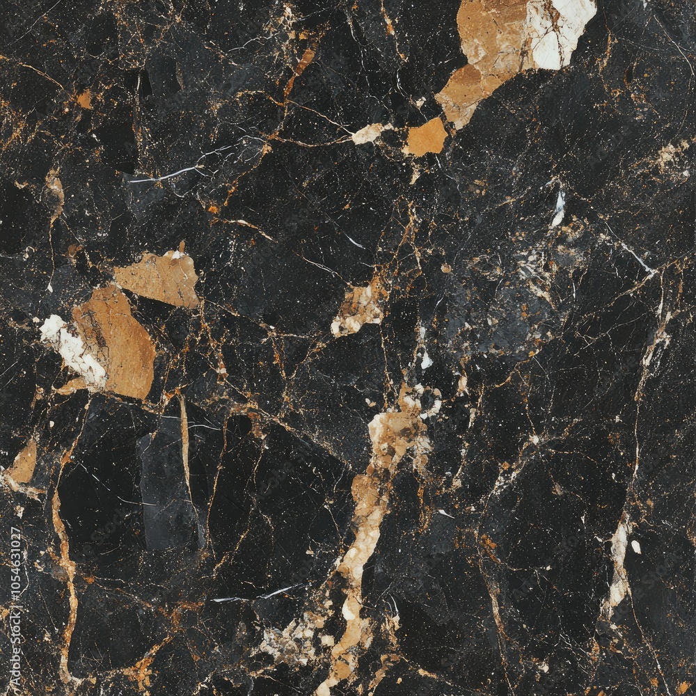 Poster a close-up view of a black marble surface with golden veining and intricate patterns.