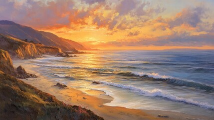 Obraz premium Serene Sunset Over Tranquil Ocean Shoreline