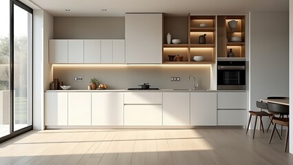 White home kitchen interior with cooking cabinet, window. Mockup wall