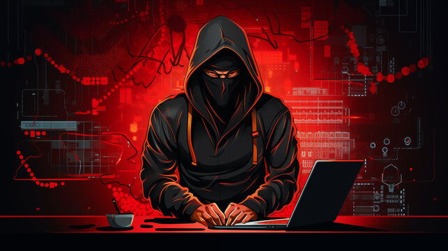 A guy works at a computer. Illustration hacker.