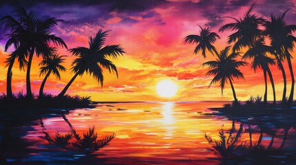 Obraz premium Vibrant Sunset Over Tropical Palm Trees and Water