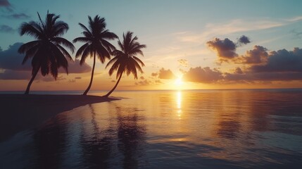 Sunset Over Tranquil Beach With Silhouetted Palms