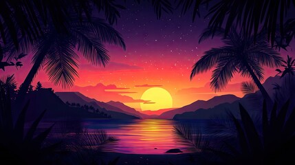 Obraz premium Vibrant Sunset Over Tropical Landscape