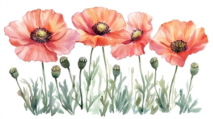 Obraz premium Watercolor painting of four red poppies with green leaves and buds on a white background.