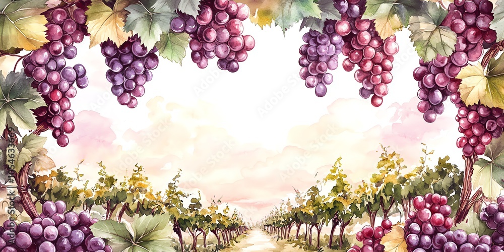 Poster a watercolor painting of a vineyard with grapes hanging from the vines in the foreground and a path 
