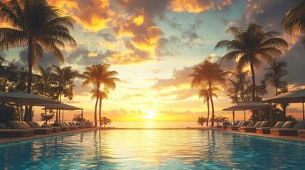 Tranquil Sunset Over Pool with Palm Trees