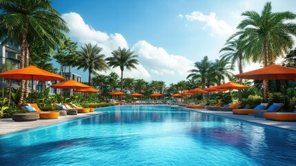 Bright Tropical Poolside Oasis with Palm Trees