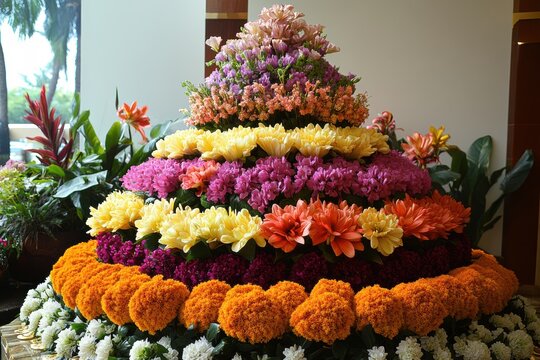 festival decorations, breathtaking bathukamma centerpiece with colorful blooms, set in a beautifully traditional space with room for festive messages