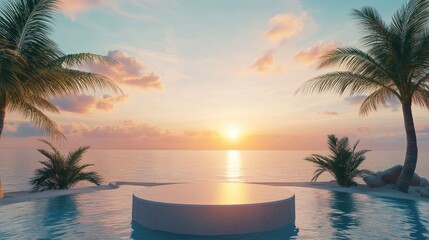 Serene Sunrise Over Calm Ocean with Palm Trees