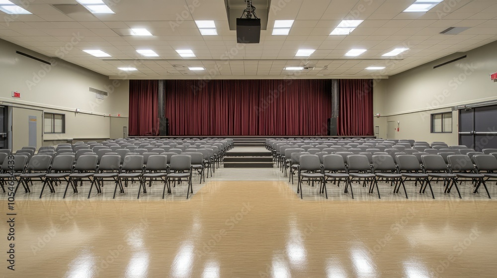 Poster spacious hall with empty rows of chairs and stage