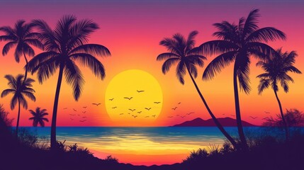 Tropical Sunset with Palms and Vibrant Sky