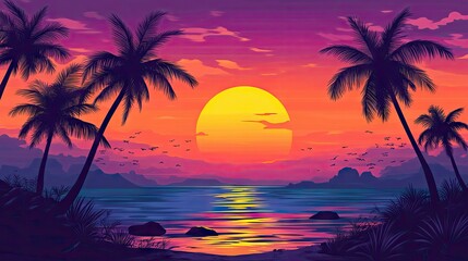 Vibrant Sunset Over Tropical Beach with Palm Trees