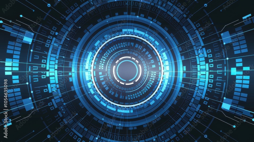 Poster futuristic digital interface with circular patterns and vibrant blue colors.