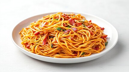 Delicious and Colorful Spaghetti Dish on White Plate
