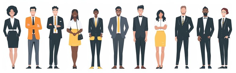 Obraz premium illustration of a diverse group of business professionals, men and women, standing in a row, isolated on a white background. Ideal for business, team