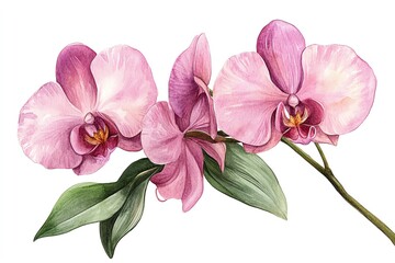 Watercolor illustration of pink orchid flowers with green leaves isolated on white background.
