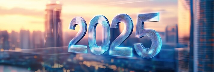 Futuristic Animated Logo Featuring 2025 with Vibrant Blue and White Glass Effects, Set Against a Blurred City Skyline at Dusk, Highlighting New Year