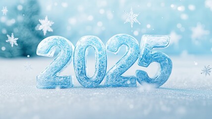 3D text of 'Happy New Year 2025' in ice-blue letters, with the text appearing as if it's made of ice