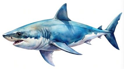 Watercolor illustration of a shark at a tilted angle on a white background